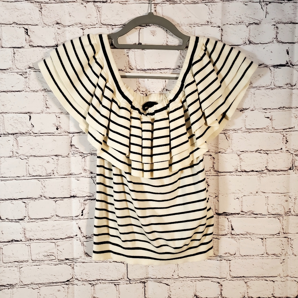 NWOT J. Crew Striped Off-the-Shoulder Ruffle Sweater Navy / Ivory Size XS